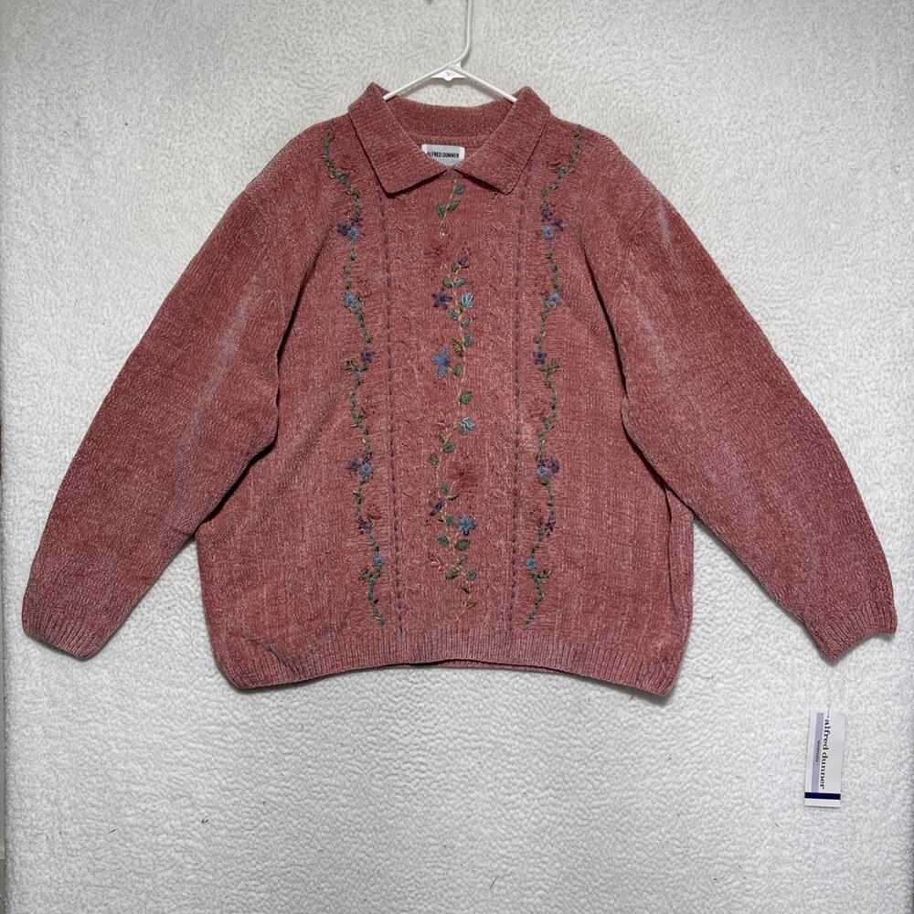 VTG Alfred Dunner Pink Chenille Embroidered Pullover Sweater 3X -New Dead Stock!